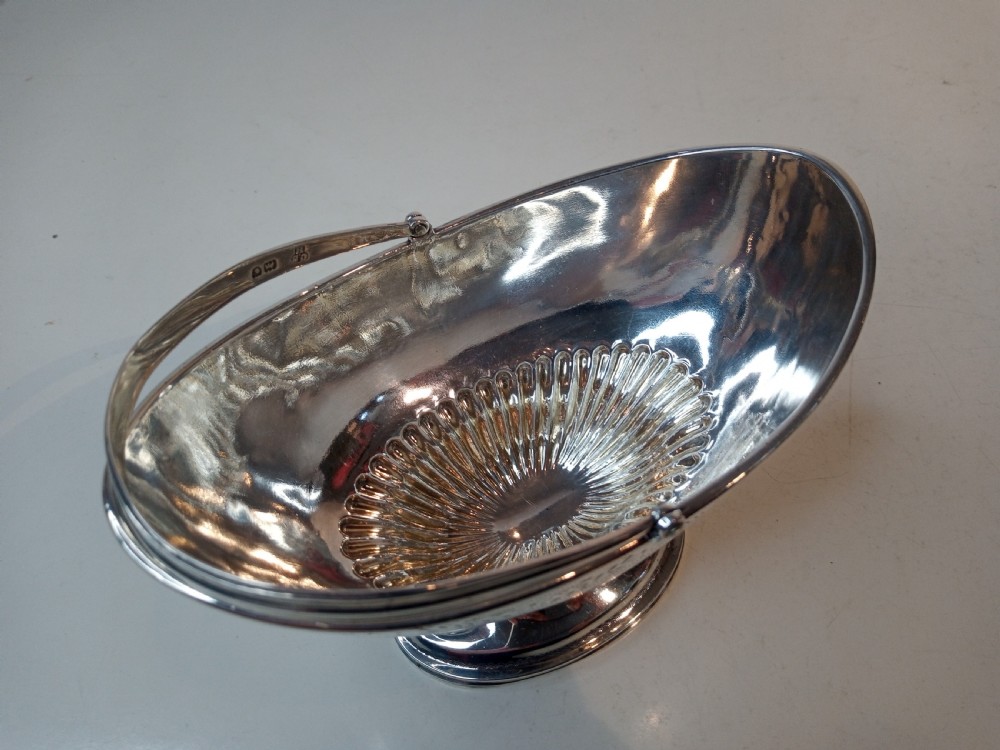 A Victorian sterling silver pedestal sweet basket featuring a reeded overhead handle, fluted interior base, and engraved decorative rim band. View III