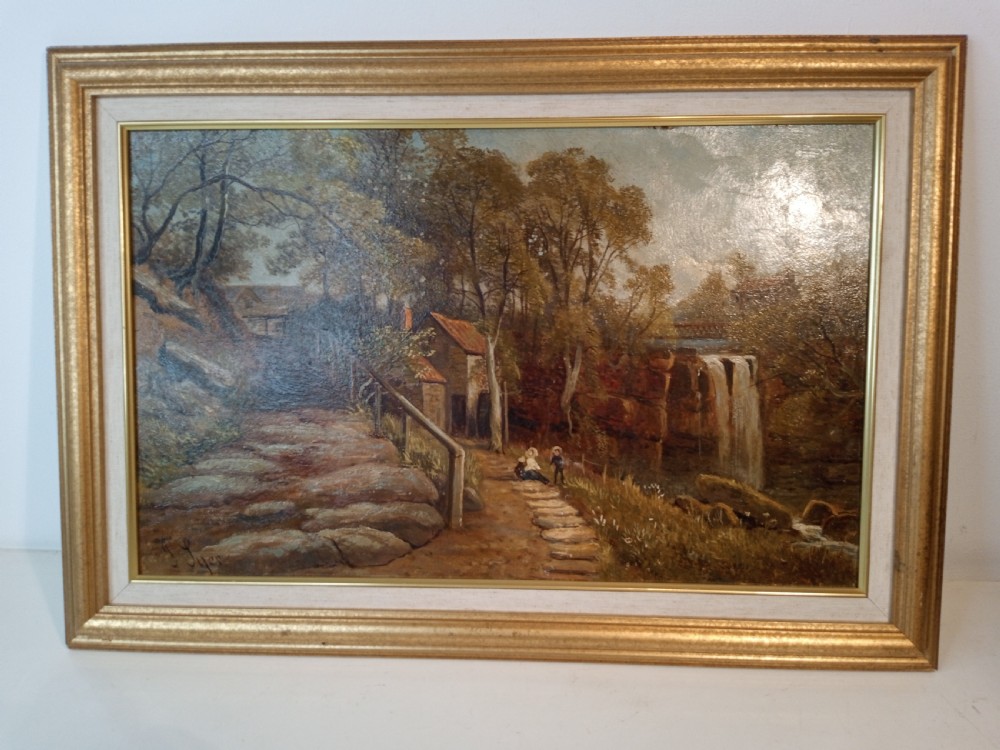 A framed Victorian landscape oil painting depicting a waterfall, a stone path, a cottage, and figures, enclosed within a gilt wood frame. View III