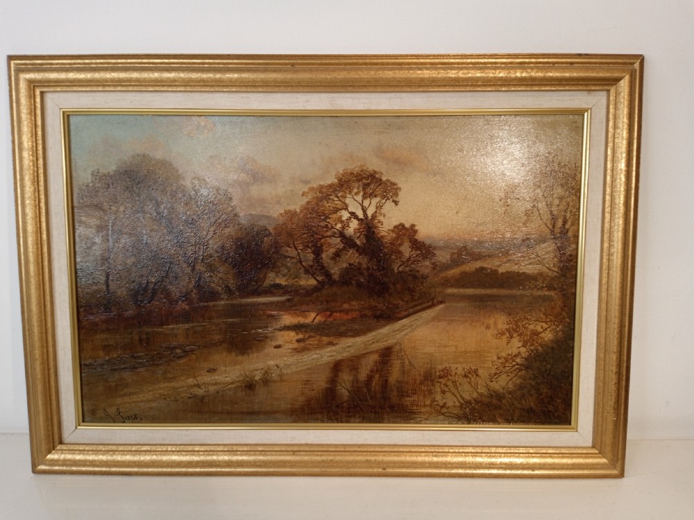 An antique oil painting depicting a river scene surrounded by trees, housed within a moulded gilt frame. View III