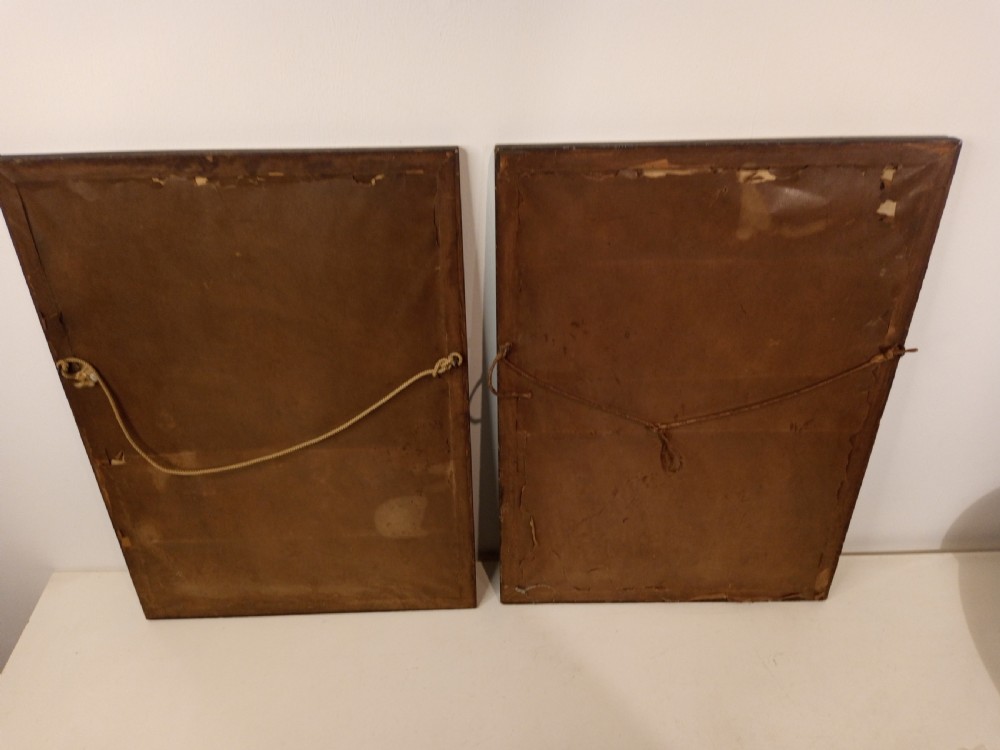 A pair of framed early 20th-century gouache landscape paintings depicting mountainous scenes with bodies of water framed in dark wooden mounts and frames. View II