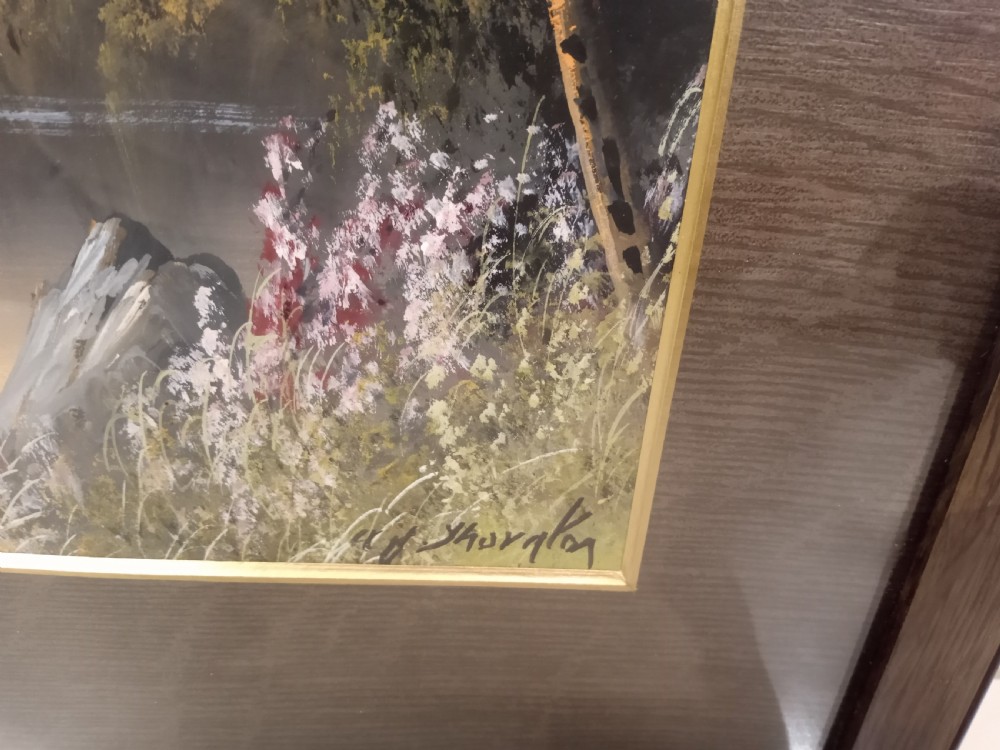 A pair of framed early 20th-century gouache landscape paintings depicting mountainous scenes with bodies of water framed in dark wooden mounts and frames. View VIII