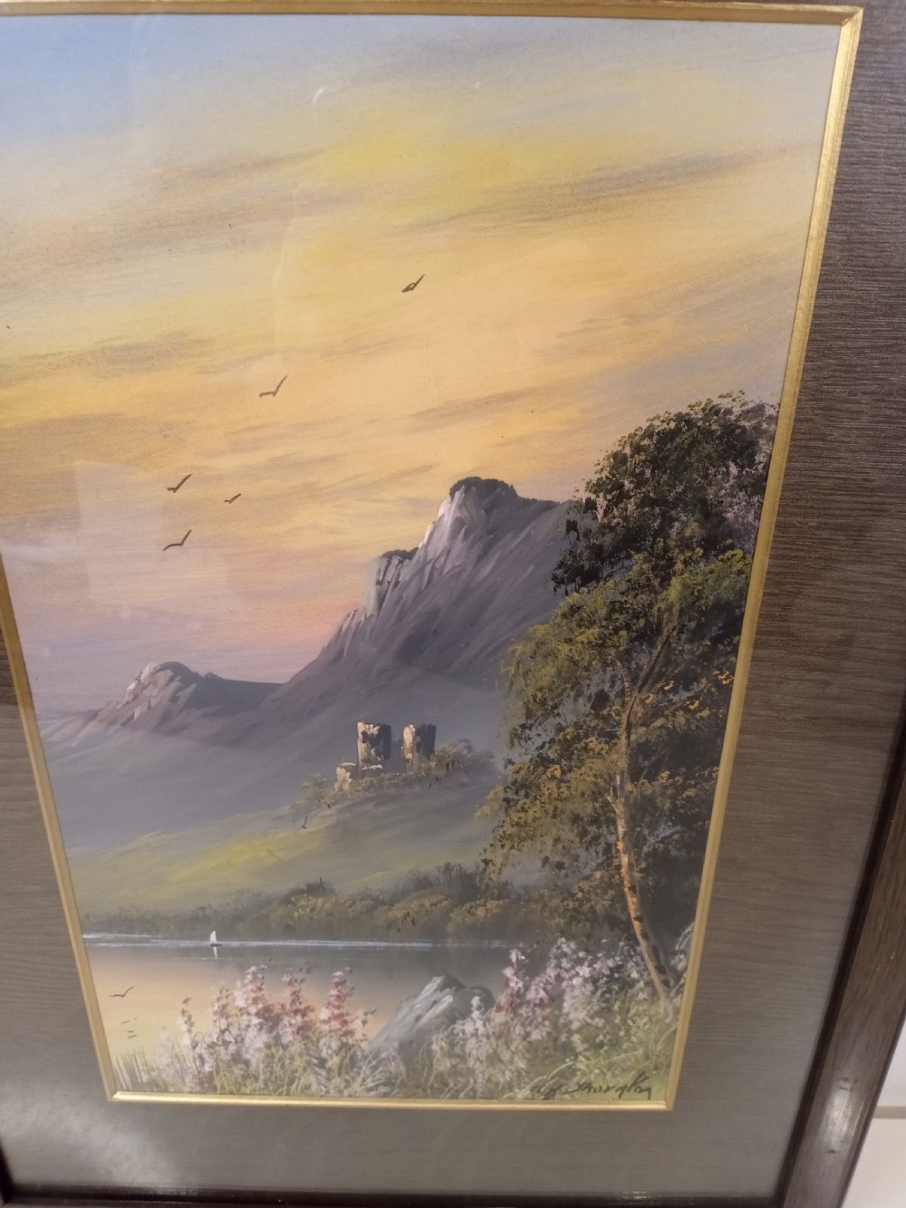 A pair of framed early 20th-century gouache landscape paintings depicting mountainous scenes with bodies of water framed in dark wooden mounts and frames. View XII