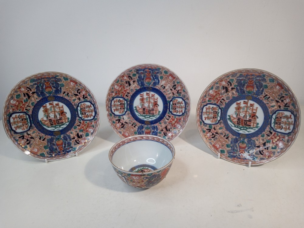 Three late 1800's Black Ship Imari Plates with matching Bowl