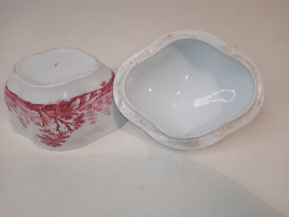 An 18th-century white porcelain lidded sugar bowl decorated with red hand-painted landscape scenes and topped with a sculpted floral finial. View IX