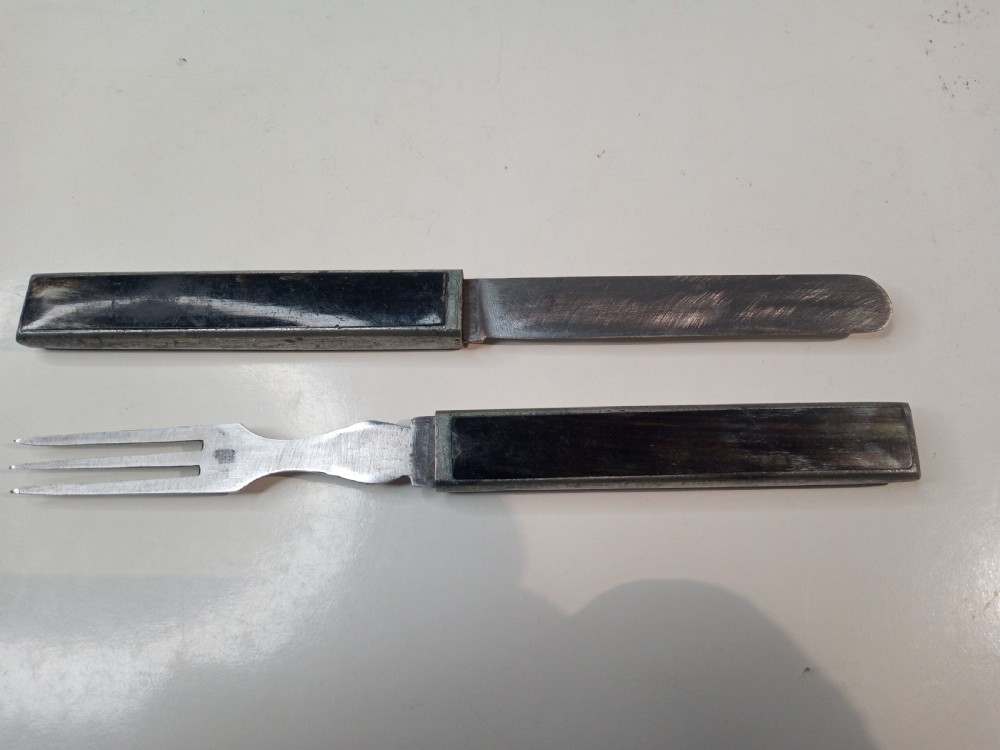A closed rectangular nineteenth-century campaign cutlery casing featuring dark horn panels within a slim metal border. View V