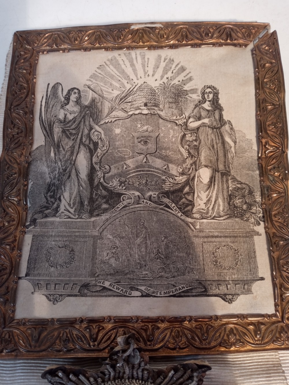 A late 19th-century off-white woven silk temperance movement ceremonial sash with silver bullion fringe, tassels, and an attached framed certificate. View III