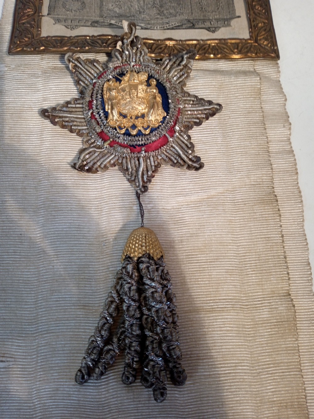 A late 19th-century off-white woven silk temperance movement ceremonial sash with silver bullion fringe, tassels, and an attached framed certificate. View IV