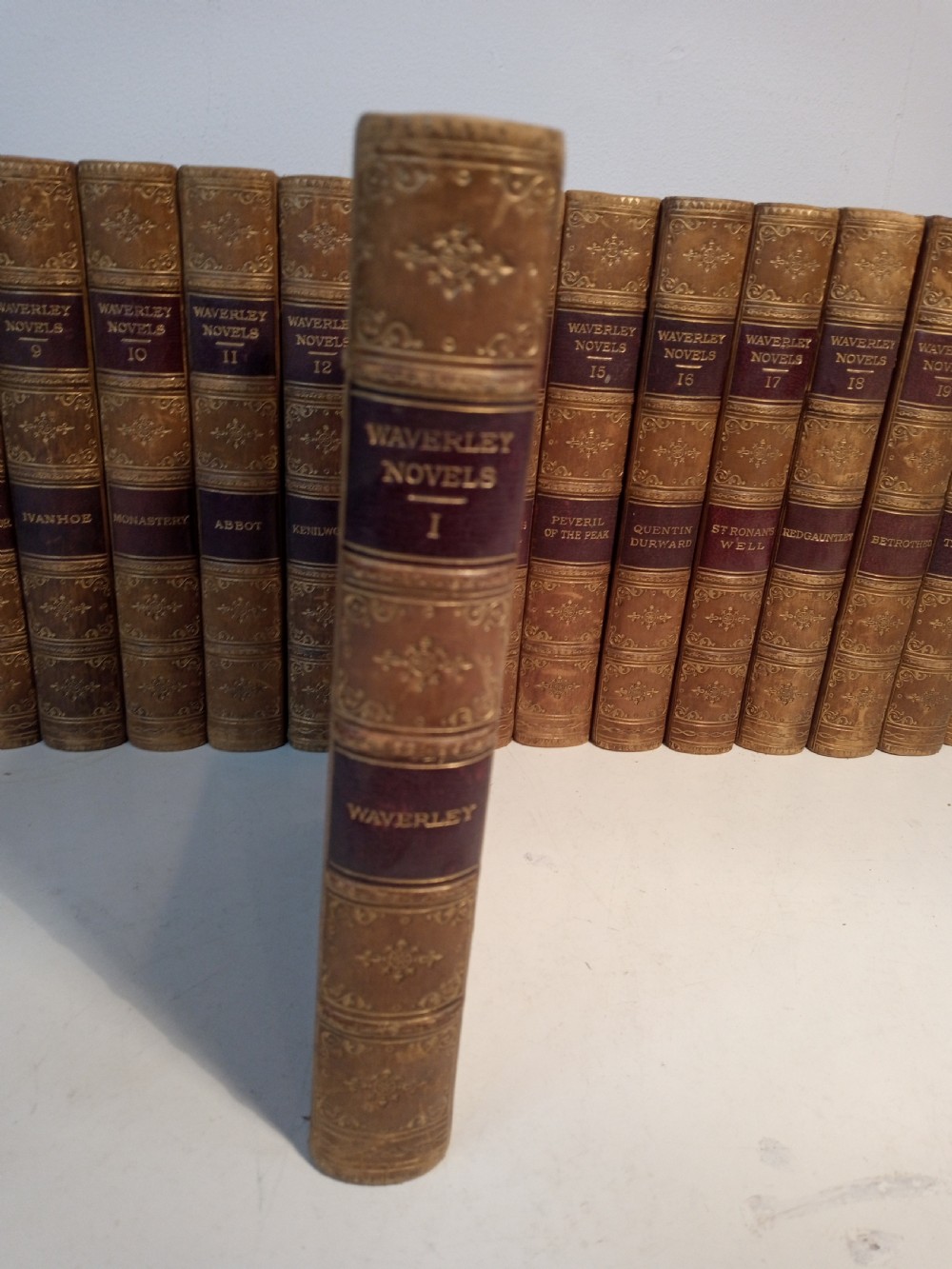 A complete set of 25 Victorian leather-bound Waverley Novels arranged side by side with gilt tooling and red title blocks along the spines. View VIII