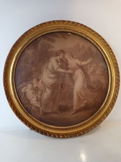 18TH CENTURY SEPIA PRINT IN GILDED ROUND FRAME