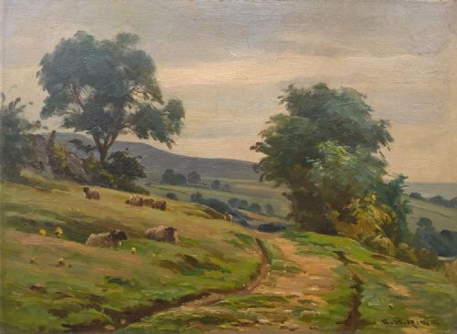 Ernest Higgins Rigg Signed Original Antique English Oil Painting Yorkshire Landscape with Sheep  Staithes Group Artist