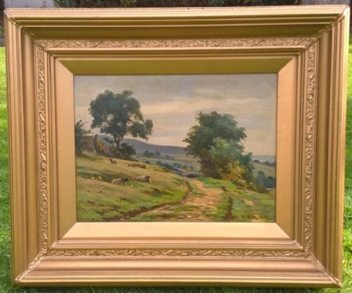 fig 1. Ernest Higgins Rigg Signed Original Antique English Oil Painting Yorkshire Landscape with Sheep Staithes Group Artist