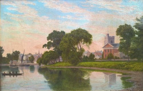 John Mulcaster Carrick 1883 Signed Original Antique English Oil Painting on Canvas Twickenham on Thames