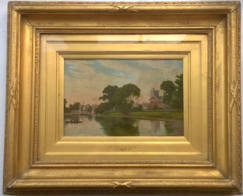 fig 1. John Mulcaster Carrick 1883 Signed Original Antique English Oil Painting on Canvas Twickenham on Thames
