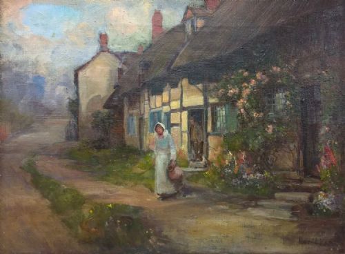 Harold Knight (Husband of Dame Laura Knight) Original Signed Vintage English Oil Painting Figures Outside a Thatched Cottage with Roses