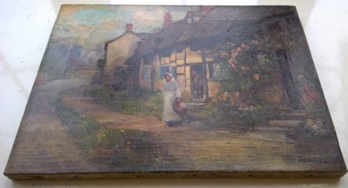 fig 1. Harold Knight (Husband of Dame Laura Knight) Original Signed Vintage English Oil Painting Figures Outside a Thatched Cottage with Roses
