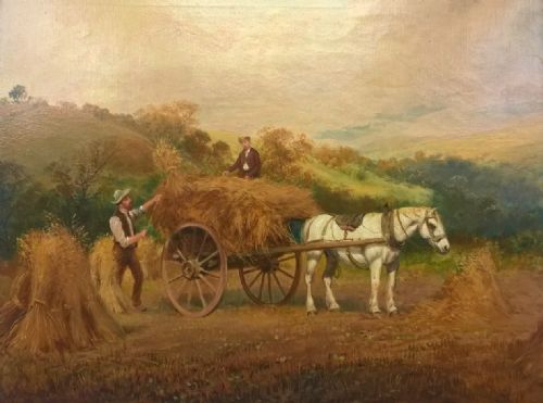 Wilson Hepple Signed Original English School Antique Oil Painting Farmers Haymaking with Horse and Cart