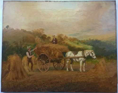 fig 1. WILSON HEPPLE Signed Original English School Antique Oil Painting Farmers Haymaking with Horse and Cart