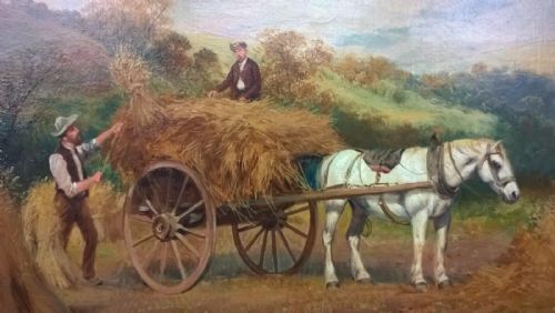 fig 2. WILSON HEPPLE Signed Original English School Antique Oil Painting Farmers Haymaking with Horse and Cart