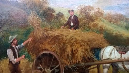 fig 3. WILSON HEPPLE Signed Original English School Antique Oil Painting Farmers Haymaking with Horse and Cart