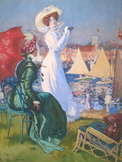 John Cameron Signed Original English Antique Watercolour Painting Edwardian Sailing Regatta the Graphic 1909