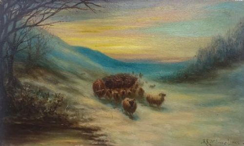 Herbert St John-jones Signed Original English Antique Oil Painting Sheep & Cattle Winter Landscape