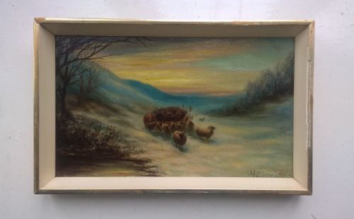 fig 1. Herbert St John-Jones Signed Original English Antique Oil Painting Sheep & Cattle Winter Landscape