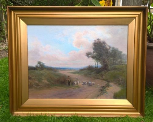 fig 1. HUGH BERRY SCOTT Signed Original Vintage Lancashire Oil Painting on Board Shepherd with Sheep on a Country Lane