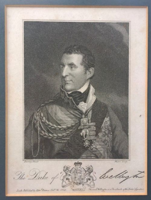 3  Antique Engravings the Battle of Waterloo Napoleon & Duke of Wellington with Facsimile Autograph Framed in a Triptych Mount