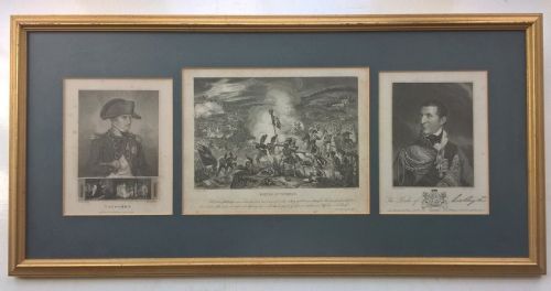 fig 1. 3 Antique Engravings The Battle of Waterloo Napoleon & Duke of Wellington with facsimile Autograph Framed in a Triptych Mount