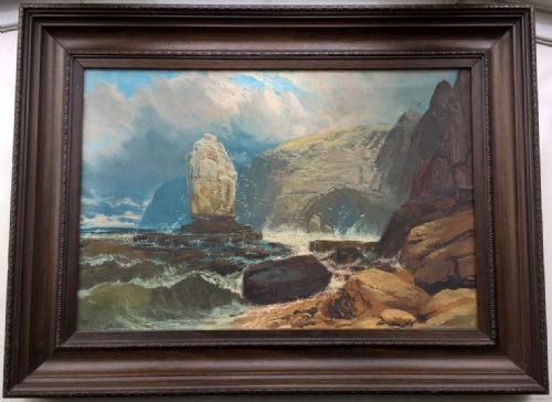 Mark Anson Signed Original 19th Century Antique Oil Painting Selwick Bay Stack Flamborough Yorkshire Seascape