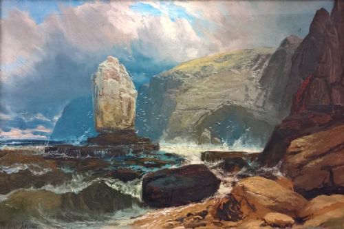 fig 1. MARK ANSON Signed Original 19th Century Antique Oil Painting Selwick Bay Stack Flamborough Yorkshire Seascape