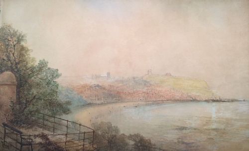 Paul Marny Signed Large Original Antique Watercolour Painting Attached to Canvas Scarborough Bay Seascape
