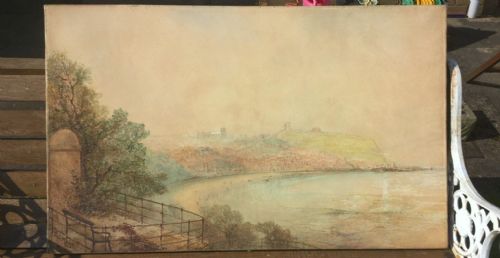 fig 1. Paul Marny Signed Large Original Antique Watercolour Painting Attached to Canvas Scarborough bay Seascape