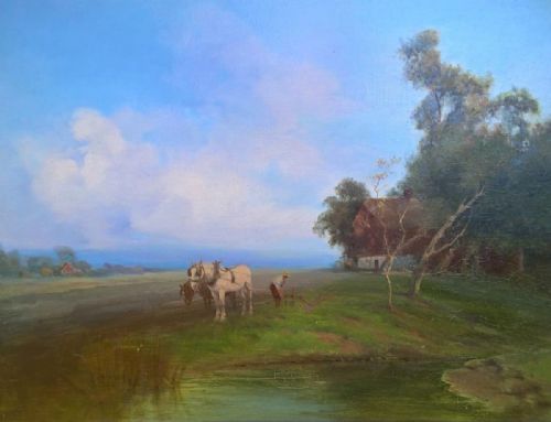 Hugh Berry Scott Signed Original Oil Painting Lancashire Farming Landscape with Shire Horses and Farmer