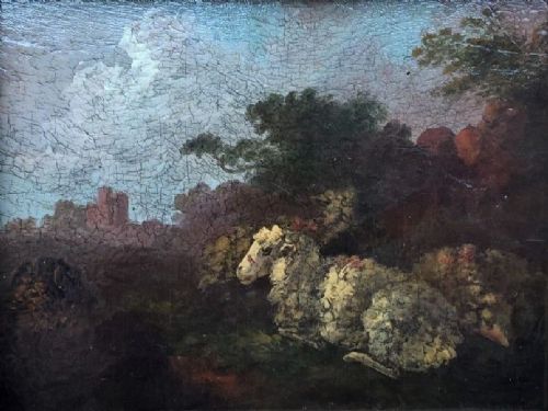 fig 1. Peter Le Cave Signed Original 18th Century Oil Painting Sheep at Rest Landscape