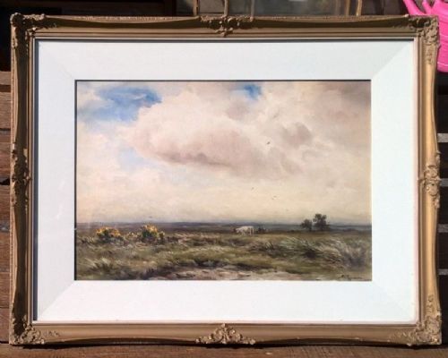 fig 1. Wycliffe Egginton Original Signed Antique English Watercolour Painting Cattle in a Moorland Landscape