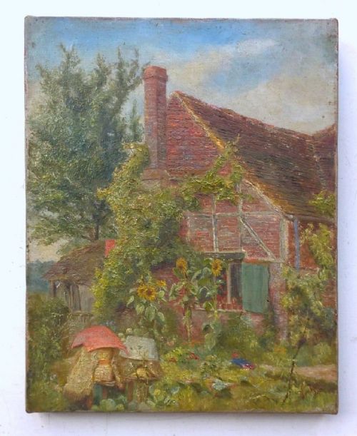 K M Attlee 1890 Original Signed English Antique Oil Painting on Canvas Cottage Garden with Sunflowers at Brockham Surrey, England