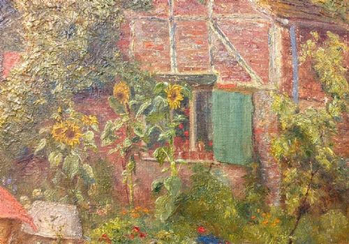 fig 1. K M Attlee 1890 Original Signed English Antique Oil Painting on Canvas Cottage Garden with Sunflowers at Brockham Surrey, England