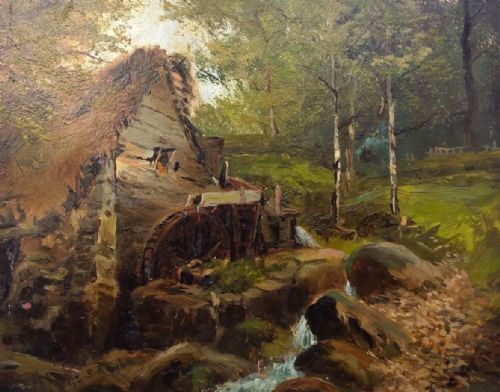 Gibb Signed 19th Century English Antique 1892 Original Oil Painting on Board Old Mill Woodland Landscape