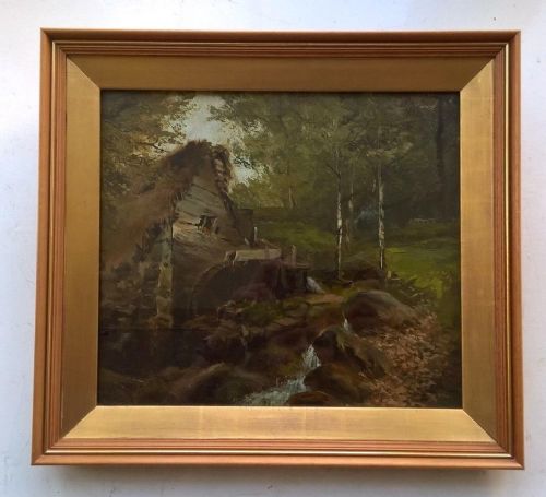fig 1. Gibb Signed 19th Century English Antique 1892 Original Oil Painting on Board Old Mill Woodland Landscape