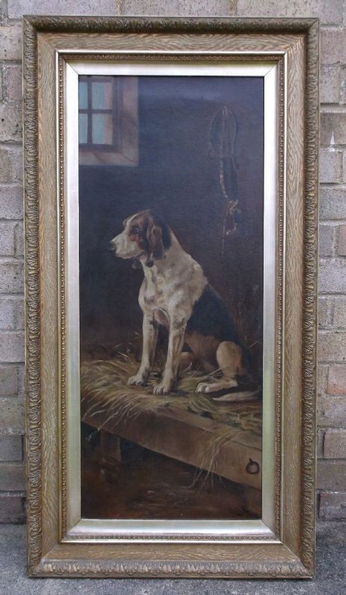 fig 1. BCM Signed Large Original English Antique Oil Painting Foxhound Hunting Dog in Stable
