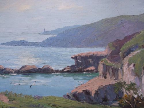 fig 1. A D Bell (Wilfred Knox) Signed 1946 Original Vintage English Oil Painting Rocky Coastal Seascape View with Distant Lighthouse