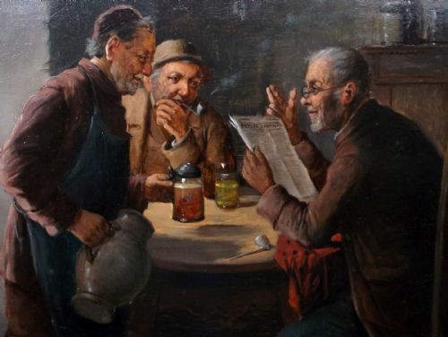 fig 1. Carl Stoitzner (Austrian) Signed Original Oil Painting on Wooden Panel Three Men Conversing in a Tavern, Interior Scene