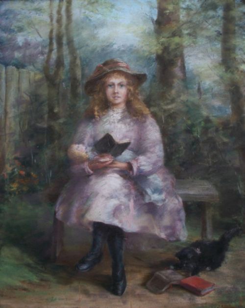 Style of Renoir Original Antique Impressionist Portrait of a Young Girl with Kitten Paul Foinet Paris France Canvas