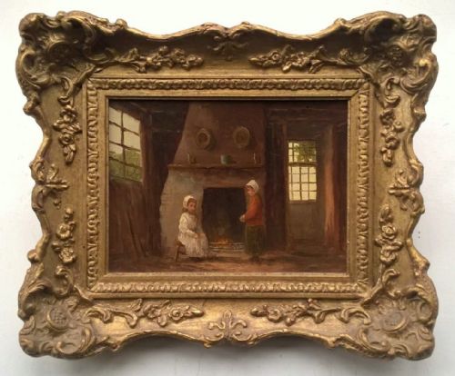 Original Antique Oil Painting Indistinctly Signed Children Beside a Fire Place