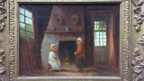 fig 1. Original Antique Oil Painting Indistinctly signed Children beside a Fire Place