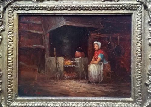 fig 1. Original Antique Oil Painting on Wooden Panel Indistinctly Signed Lady Seated by Fireplace Ornate Frame