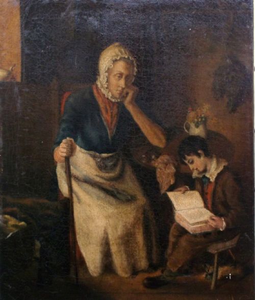 English School Original 19th Century Oil Painting on Canvas Child Reading to Grandmother Cottage Interior Scene