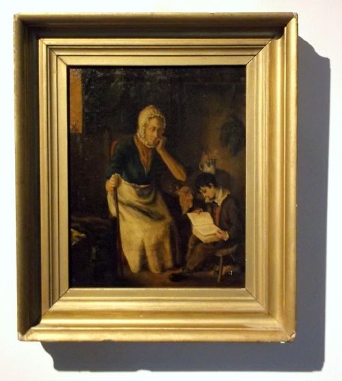 fig 1. English School Original 19th Century Oil Painting on Canvas Child Reading to Grandmother Cottage Interior Scene