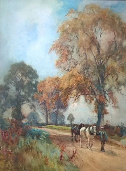 fig 1. SAMUEL TOWERS Signed Original English Antique Watercolour Painting Figure & Horses,